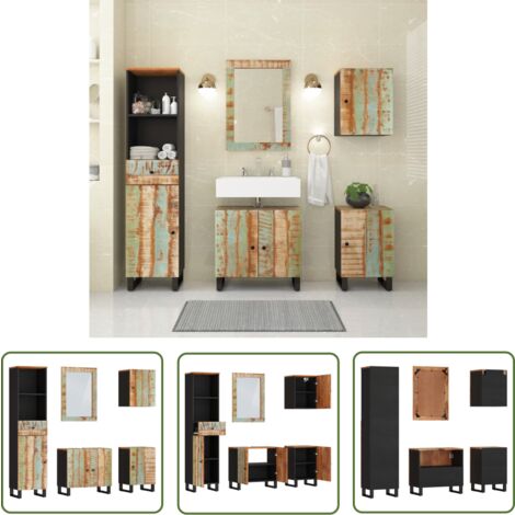 The Living Store 5-tlg. Badmöbel-Set Massives Altholz - Badezimmermöbel - Badschränke - Altholzmöbel - Holzmöbel - Spiegelschrank