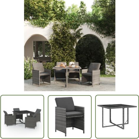 The Living Store 5-tlg. Garten-Essgruppe mit Auflagen Poly Rattan Grau - Gartensessel - Esszimmerset - Gartenmöbel - Rattan Möbel - Balkonmöbel