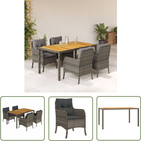 The Living Store 5-tlg. Garten-Essgruppe mit Kissen Grau Poly Rattan - Gartentisch - Gartenmöbel Set - Outdoor Möbel - Esstisch - Gartenstühle