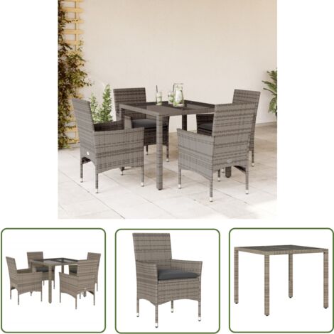 The Living Store 5-tlg. Garten-Essgruppe mit Kissen Grau Poly Rattan und Glas - Gartenmöbel Set - Outdoor Möbel - Esstisch - Gartenstühle - Rattan Gartenmöbel