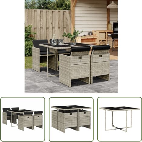 The Living Store 5-tlg. Garten-Essgruppe mit Kissen Hellgrau Poly Rattan - Gartentisch - Gartenmöbel Set - Outdoor Möbel - Esstisch - Gartenstühle
