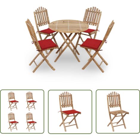 The Living Store 5-tlg. Garten-Essgruppe mit Kissen Klappbar Bambus - Bambus Möbel - Gartentisch - Gartenstühle - Essgruppe - Gartenset