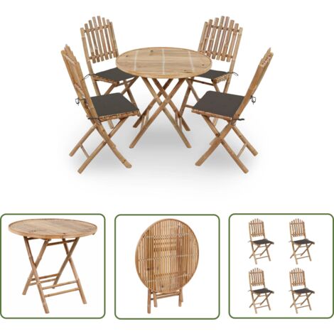 The Living Store 5-tlg. Garten-Essgruppe mit Kissen Klappbar Bambus - Bambus Möbel - Gartentisch - Gartenstühle - Esstisch - Esszimmerset