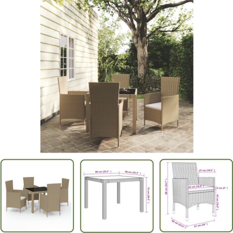 The Living Store 5-tlg. Garten-Essgruppe mit Kissen Poly Rattan Beige - Gartengarnituren - Gartenmöbel Set - Outdoor Esstisch - Rattan Gartenstuhl - Balkonmöbel