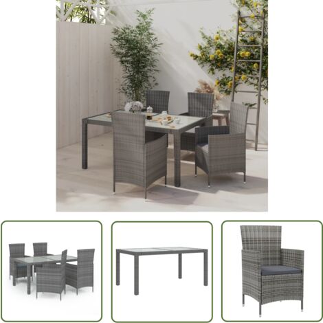 The Living Store 5-tlg. Garten-Essgruppe mit Kissen Poly Rattan Grau - Gartengarnituren - Gartenmöbel Set - Outdoortisch - Outdoorstühle - Rattanmöbel