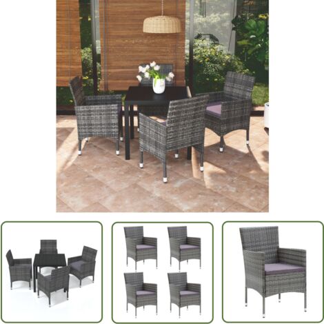 The Living Store 5-tlg. Garten-Essgruppe mit Kissen Poly Rattan Grau - Gartensessel - Gartenstuhl - Outdoor Möbel - Balkonmöbel - Terrassenmöbeln