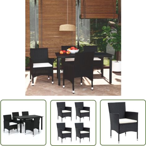 The Living Store 5-tlg. Garten-Essgruppe mit Kissen Poly Rattan Schwarz - Gartensessel - Gartenstuhl - Outdoor Möbel - Balkonmöbel - Terrassengestaltung