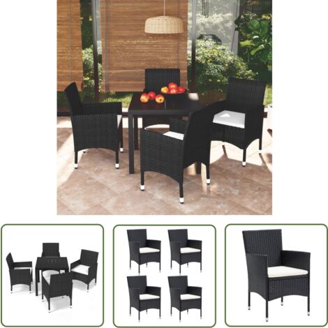 The Living Store 5-tlg. Garten-Essgruppe mit Kissen Poly Rattan Schwarz - Gartensessel - Gartenstuhl - Outdoor Möbel - Balkonmöbel - Terrassengestühl