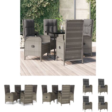 The Living Store 5-tlg. Garten-Essgruppe mit Kissen Schwarz und Grau Poly Rattan - Gartenmöbel-Sets