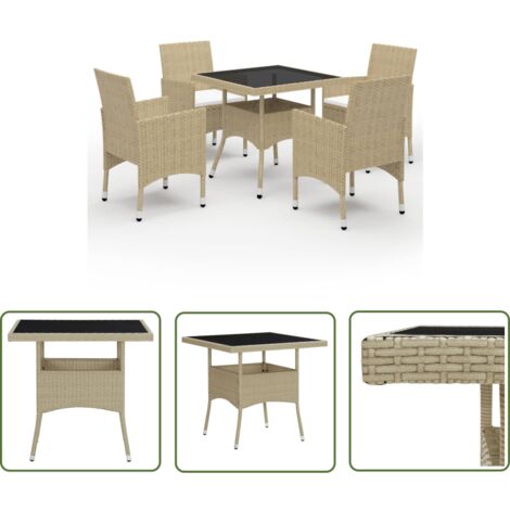 The Living Store 5-tlg. Garten-Essgruppe Poly Rattan und Glas Beige - Gartenmöbel - Essgruppe - Rattan Tisch - Outdoor Küche - Gartentisch