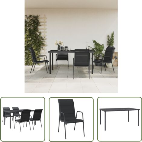 The Living Store 5-tlg. Garten-Essgruppe Schwarz Stahl und Textilene - Gartenmöbel Set - Esstisch - Gartenstuhl - Outdoor Möbel - Balkonmöbel