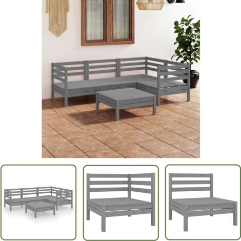 The Living Store 5-tlg. Garten-Lounge-Set Massivholz Kiefer Grau - Outdoor Lounge Set - Gartenmöbel - Kiefernholzmöbel - Rattan Möbel - Terrassenmöbeln