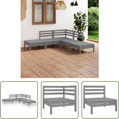 The Living Store 5-tlg. Garten-Lounge-Set Massivholz Kiefer Grau - Outdoor Lounge Set - Gartenmöbel - Rattan Möbel - Kiefernholzmöbel - Balkonmöbel
