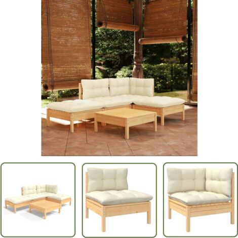 The Living Store 5-tlg. Garten-Lounge-Set mit Creme Kissen Kiefernholz - Gartensaison - Lounge Set - Gartenmöbel - Outdoor Möbel - Rattan Gartenmöbel
