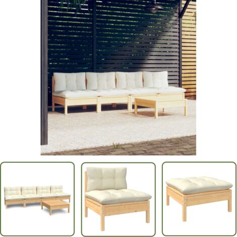 The Living Store 5-tlg. Garten-Lounge-Set mit Creme Kissen Kiefernholz - Gartenzubehör - Lounge Set - Gartenmöbel - Kiefernholz Möbel - Outdoor Furniture