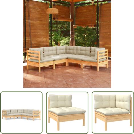 The Living Store 5-tlg. Garten-Lounge-Set mit Creme Kissen Massivholz Kiefer - Gartensessel - Lounge Set - Gartenmöbeln - Rattan Möbel - Outdoor Furniture