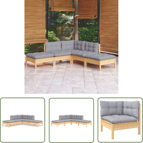 The Living Store 5-tlg. Garten-Lounge-Set mit Grauen Kissen Kiefernholz - Garten Lounge Set - Kiefernholz Möbel - Outdoor Möbel - Loungesessel - Gartenmöbel