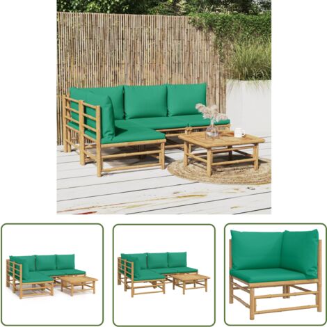 The Living Store 5-tlg. Garten-Lounge-Set mit Grünen Kissen Bambus - Bambus Möbel - Gartenloungeset - Outdoor Möbel - Gartenmöbel - Esstisch