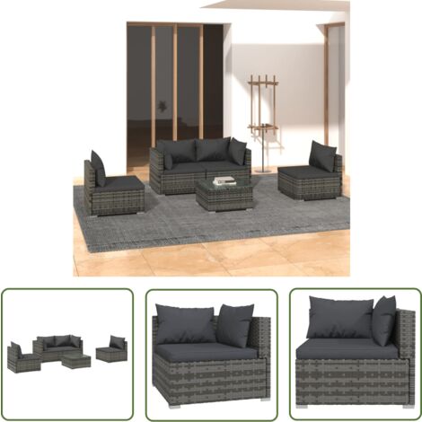 The Living Store 5-tlg. Garten-Lounge-Set mit Kissen Poly Rattan Grau - Garten Lounge Set - Outdoor Lounge Set - Rattan Gartenmöbel - Gartenmöbel Set - Balkonmöbel