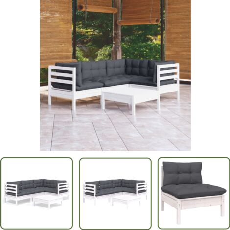 The Living Store 5-tlg. Garten-Lounge-Set mit Kissen Weiß Kiefernholz - Garten Lounge Set - Kiefernholz Möbel - Outdoor Möbel - Gartenmöbel - Esstisch