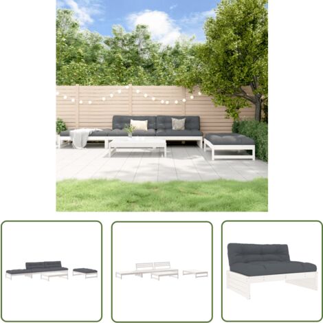 The Living Store 5-tlg. Garten-Lounge-Set mit Kissen Weiß Massivholz - Gartensofa - Loungesessel - Gartenmöbeln - Rattan Möbel - Holz Gartenmöbel