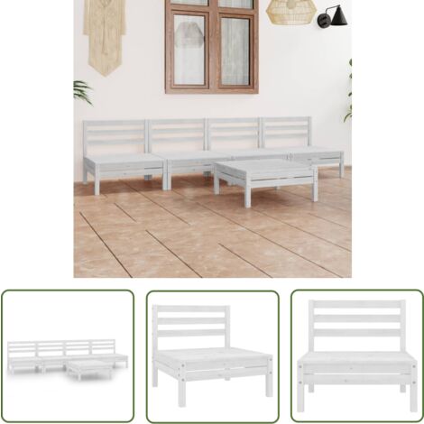 The Living Store 5-tlg. Garten-Lounge-Set Weiß Kiefer Massivholz - Gartensofa - Loungesessel - Gartenmöbeln - Kiefernholzmöbel - Gartenmöbel Set