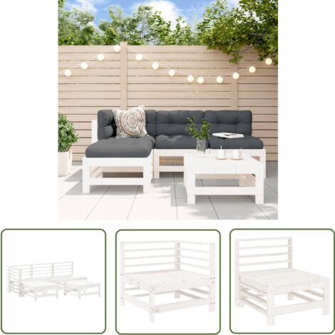 The Living Store 5-tlg. Garten-Lounge-Set Weiß Massivholz Kiefer - Gartenmöbel - Loungeset - Rattan Möbel - Outdoor Furniture - Garten Lounge Set