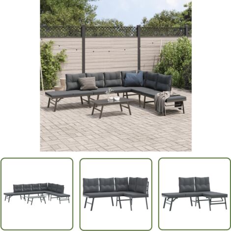 The Living Store 5-tlg. Garten-Sitzgruppe mit Kissen Schwarz Stahl - Gartengruppe - Gartenmöbel Set - Esszimmerset Outdoor - Essplatz Im Freien - Lounge Möbel