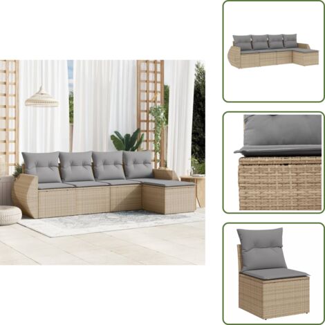 The Living Store 5-tlg. Garten-Sofagarnitur mit Kissen Beige Poly Rattan - Gartenmöbel - Outdoor-Möbel - Rattanmöbel - Lounge Set - Esszimmergarnitur