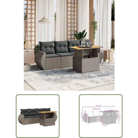 The Living Store 5-tlg. Garten-Sofagarnitur mit Kissen Grau Poly Rattan - Gartengestelle - Gartenmöbelset - PE-Rattan Möbel - Outdoor Lounge Set - Balkonmöbel