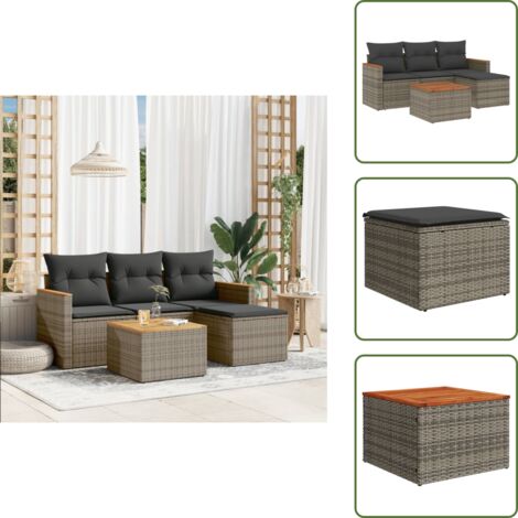 The Living Store 5-tlg. Garten-Sofagarnitur mit Kissen Grau Poly Rattan - Gartenmöbel Set - Outdoor Lounge - Rattan Gartenset - Gartenlounge - Balkonmöbel