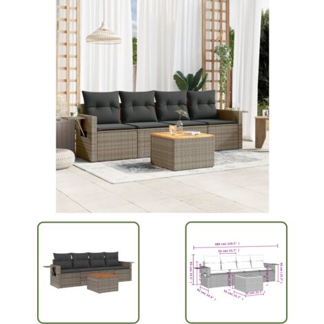 The Living Store 5-tlg. Garten-Sofagarnitur mit Kissen Grau Poly Rattan - Gartenmöbel Set - PE-Rattan Möbel - Outdoor Lounge - Balkonmöbel - Terrassenmöbel