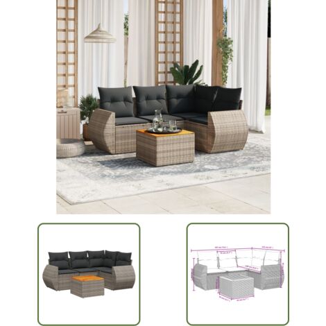 The Living Store 5-tlg. Garten-Sofagarnitur mit Kissen Grau Poly Rattan - Gartenmöbel Set - PE-Rattan Möbel - Outdoor Lounge - Esstisch - Gartenecke