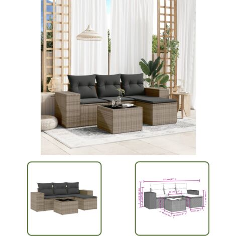 The Living Store 5-tlg. Garten-Sofagarnitur mit Kissen Grau Poly Rattan - Gartenmöbel Set - PE-Rattan Möbel - Outdoor Lounge - Esstisch Set - Balkonmöbel