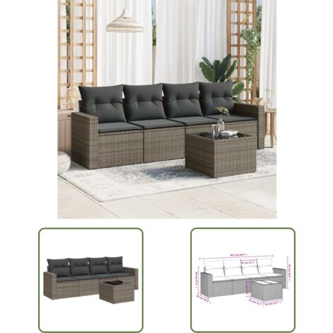The Living Store 5-tlg. Garten-Sofagarnitur mit Kissen Grau Poly Rattan - Gartenmöbel - Sofagarnitur - Rattan Möbel - Outdoor Sofa - Esstisch Set