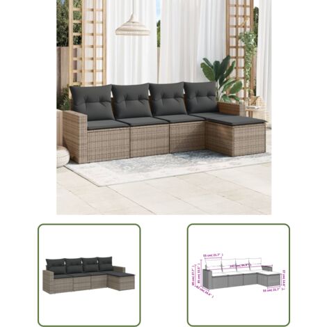 The Living Store 5-tlg. Garten-Sofagarnitur mit Kissen Grau Poly Rattan - Gartensofas - Gartenmöbelset - Outdoor Möbel - Lounge Set - Rattan Sofa