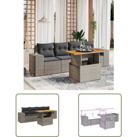 The Living Store 5-tlg. Garten-Sofagarnitur mit Kissen Grau Poly Rattan - Gartensorte - Gartenmöbelset - PE-Rattan Möbel - Outdoor Lounge Set - Balkonmöbel