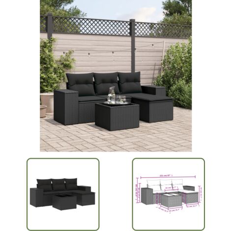 The Living Store 5-tlg. Garten-Sofagarnitur mit Kissen Schwarz Poly Rattan - Gartenmöbel - Gartensorte - Outdoor Möbel - Rattan Gartenmöbel - Lounge Set