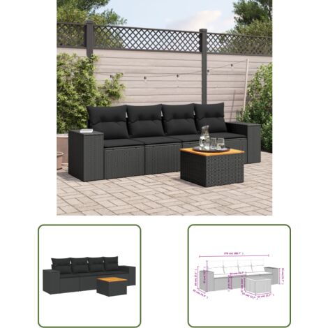 The Living Store 5-tlg. Garten-Sofagarnitur mit Kissen Schwarz Poly Rattan - Gartenmöbel - Outdoor Möbel - Rattan Gartenset - Lounge Set - Esstisch