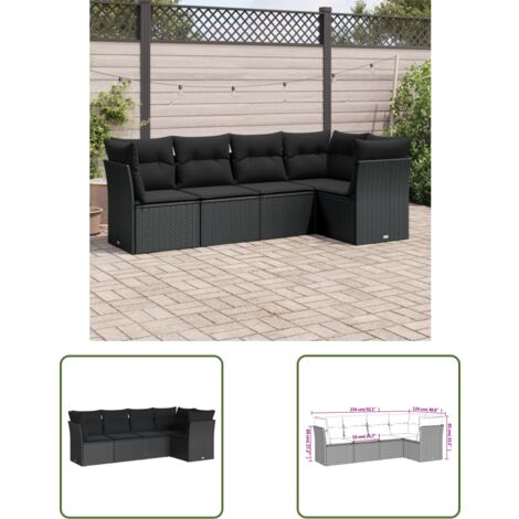 The Living Store 5-tlg. Garten-Sofagarnitur mit Kissen Schwarz Poly Rattan - Gartenmöbel - Outdoor Möbel - Rattan Sofa - Lounge Set - Gartengestelle