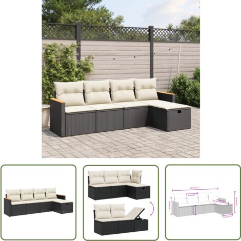 The Living Store 5-tlg. Garten-Sofagarnitur mit Kissen Schwarz Poly Rattan - Gartenmöbel - Outdoor-Möbel - Rattanmöbel - Lounge Set - Gartenlounge