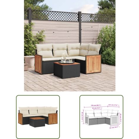 The Living Store 5-tlg. Garten-Sofagarnitur mit Kissen Schwarz Poly Rattan - Gartenmöbel - PE-Rattan Möbel - Outdoor-Set - Esstisch Set - Lounge Set