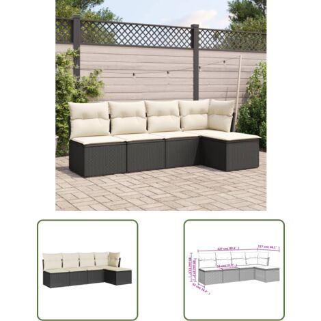 The Living Store 5-tlg. Garten-Sofagarnitur mit Kissen Schwarz Poly Rattan - Gartenmöbel Set - PE-Rattan Möbel - Outdoor Sofa - Lounge Set - Esszimmergarnitur