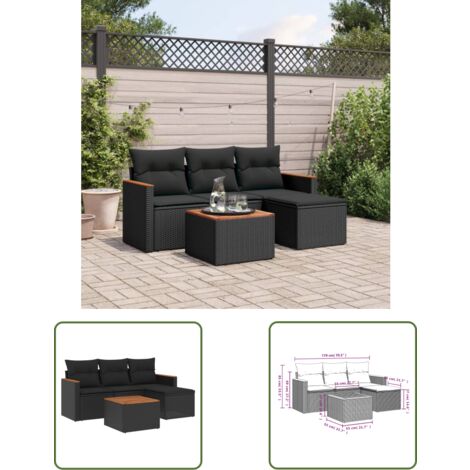 The Living Store 5-tlg. Garten-Sofagarnitur mit Kissen Schwarz Poly Rattan - Gartenmöbel - Sofasgarnitur - PE-Rattan - Outdoor Möbel - Esstisch