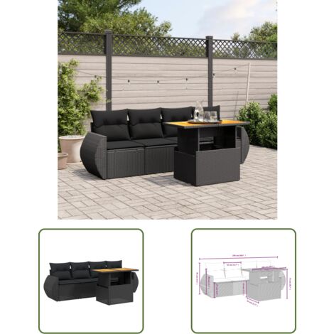 The Living Store 5-tlg. Garten-Sofagarnitur mit Kissen Schwarz Poly Rattan - Gartensorte - Gartenmöbelset - PE-Rattan Möbel - Outdoor Lounge Set - Balkonmöbel