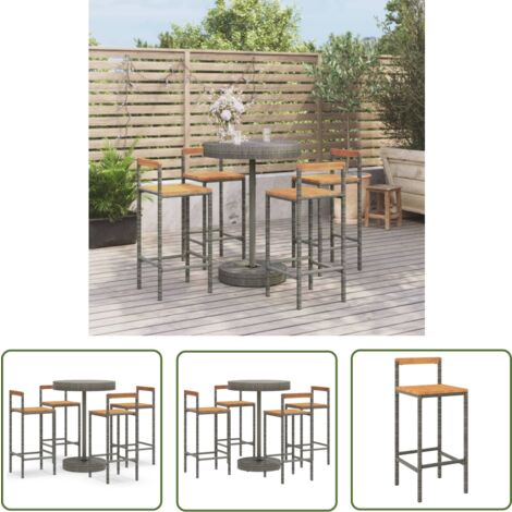The Living Store 5-tlg. Gartenbar-Set Grau Poly Rattan & Massivholz Akazie - Gartensitzgruppe - Outdoor Möbel - Gartenbar - Lounge Set - Esszimmergarnitur
