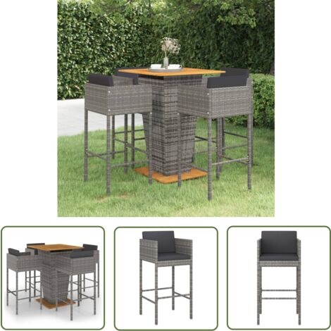 The Living Store 5-tlg. Gartenbar-Set mit Kissen Poly Rattan Grau - Gartenbar Set - Rattan Möbel - Gartenmöbeln - Außenküche - Lounge Bereich