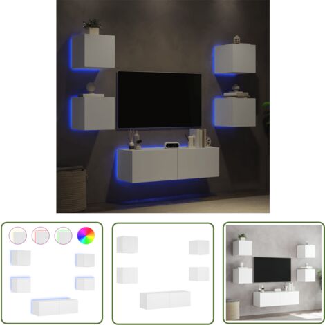 The Living Store 5-tlg. TV-Wohnwand mit LED-Leuchten Weiß - TV-Wandregal - TV-Einheit - Regal Weiß - Fernsehschrank - Wohnzimmer Dekoration