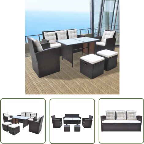 The Living Store 6-tlg. Garten-Essgruppe mit Kissen Poly Rattan Braun - Gartenmöbel - Rattan Gartenmöbel - Essgruppe - Gartenset - Outdoor Möbel