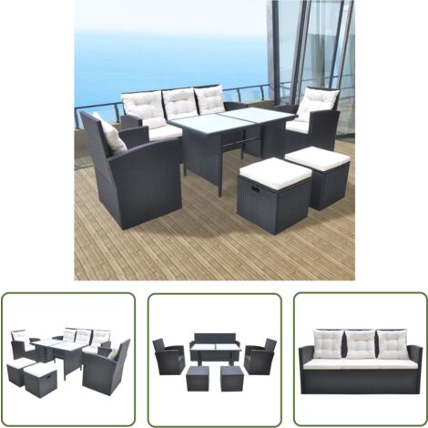 The Living Store 6-tlg. Garten-Essgruppe mit Kissen Poly Rattan Schwarz - Gartenmöbeln - Rattan Gartenmöbel - Outdoor Essgruppe - Esstisch - Sofa